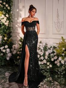 Glamrae Elegant Luxurious Off The Shoulder Gown With Embroidery, Sequins, Slit, Ruched, Side Flutter Hem, Suitable For Wedding, Party, Prom, Formal Occasion, Heavyweight Version, For Evening, Wedding Guest