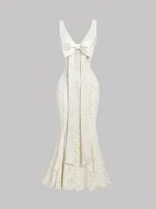 SHEIN MOD Váy dệt kim đuôi cá cổ chữ V sâu thắt nơ cho nữ, màu mơ - Màu be - Xem 2