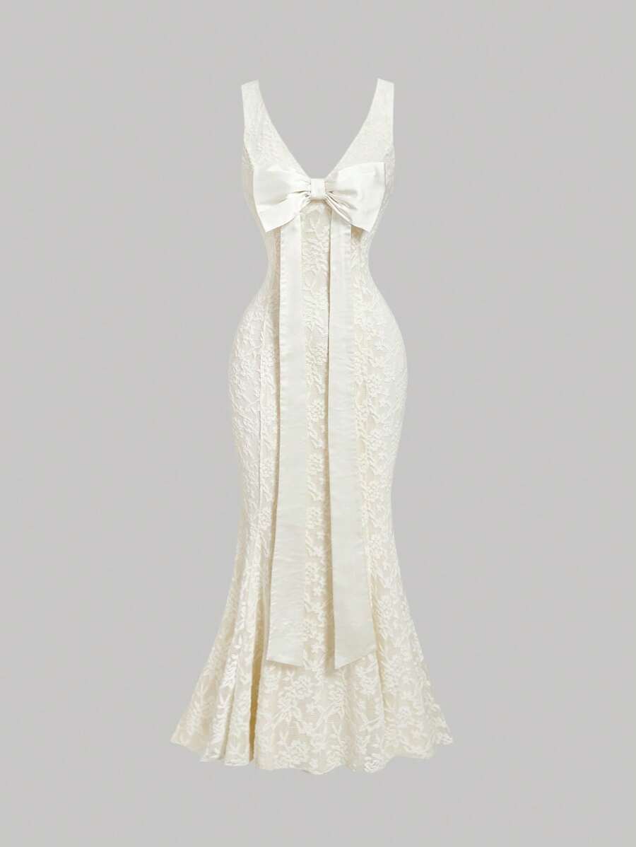 SHEIN MOD Váy dệt kim đuôi cá cổ chữ V sâu thắt nơ cho nữ, màu mơ