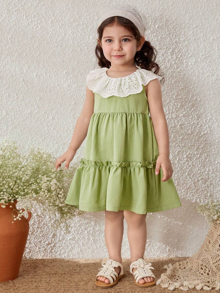 Blossori Baby Girls Countryside Vacation Ruffle Collar Sleeveless Dress - Green - View 1