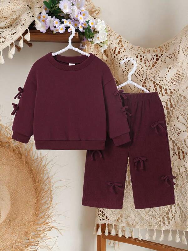 SHEIN Vintaside Kids 2 Stücke Set aus Baby Mädchen Lässigem, Bequemem 3D Schleife Cord Sweatshirt und Hose
