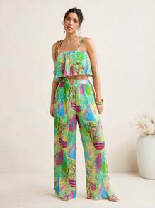 Sire Leo Lamar Chiffon Pastel Doodle Print Micro-Pleated Cami With Wide Straps Crop Top
