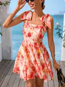 Vivid Eden Women's Floral Print Tie-Shoulder Fashionable Strap Mini Dress, Vacation Style,Vacation,Summer Romantic Pink Flower Print Chiffon Ruched Backless Double Layered A-Line Mini Dress, Suitable For Party, Date, Valentine's Day, Afternoon Tea, Spring,Sun Dress - White - View 4