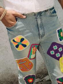 ROMWE MEN Street Life Men's Embroidered Layered Flare Leg Jeans - Baby Blue - View 2