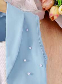 SHEIN 3pcs/Set Young Girl Girls Pink Blazer, Pearl Embellished Knit Camisole And Shorts, Casual Elegant Summer Vacation Set