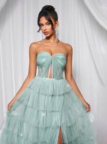 Glamrae Đầm Maxi hở lưng có thể điều chỉnh, dáng chữ A rộng rãi, viền tua rua màu xanh lá cây sáng bóng, lưới ombre màu xám thanh lịch, eo trong suốt, xẻ tà, phù hợp cho các buổi hẹn hò, kỳ nghỉ, đám cưới, sự kiện trang trọng - Cỏ xanh - Xem 5