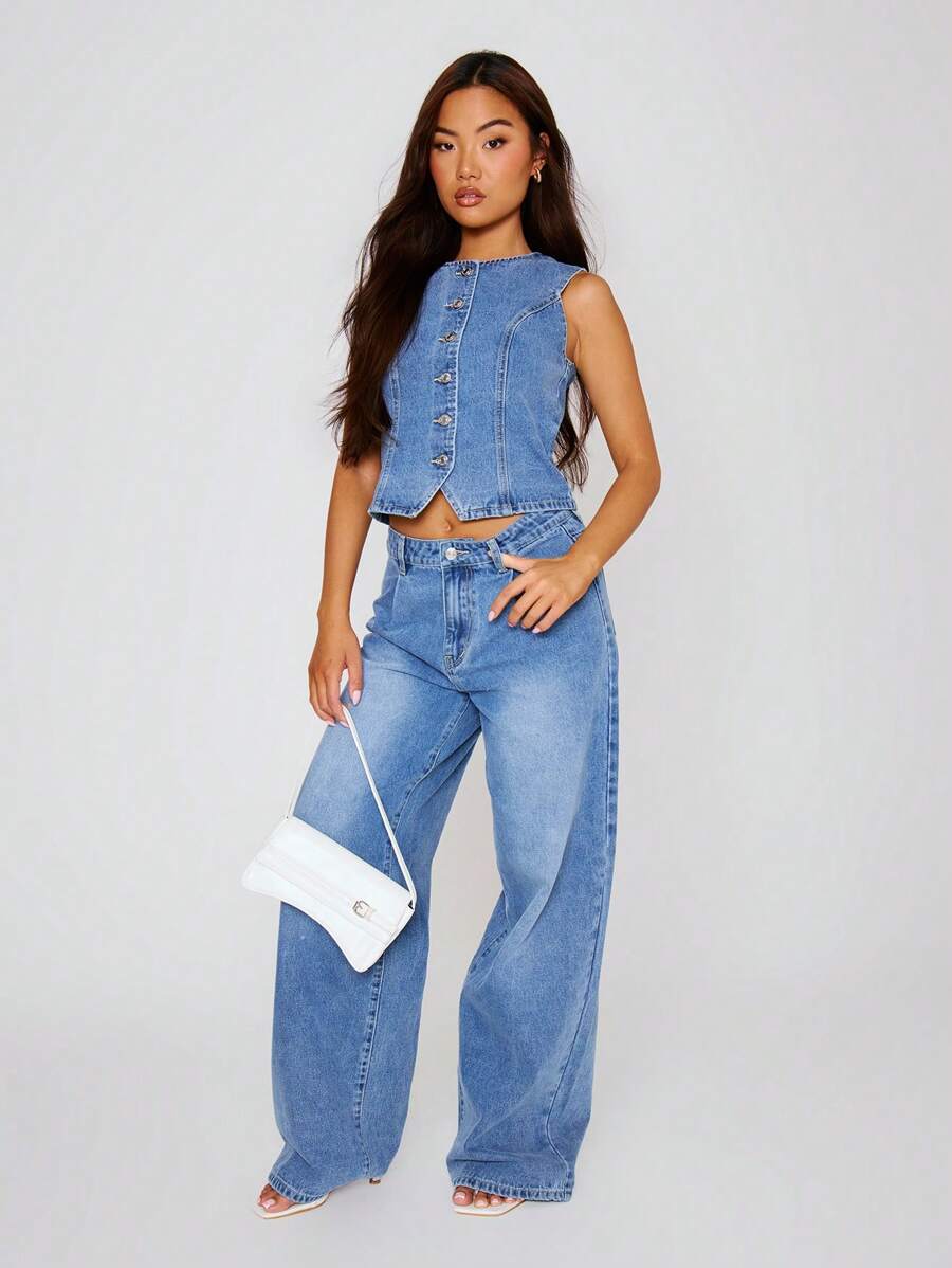 MUSERA 中腰阔腿洗水牛仔裤 Co Ord 仅限下装夏季可爱假期性感假日优雅音乐会