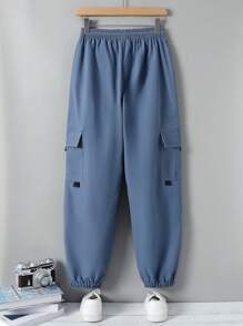 青少年男童街头风格梭织印花工装裤 - 藍色 - 查看 2