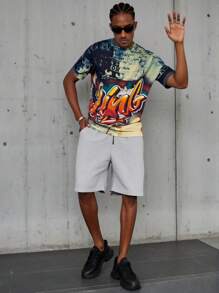 Manfinity Roghcode Men's Letter Print Crew Neck Loose Knit Short Sleeve Top - Multicolor - View 4