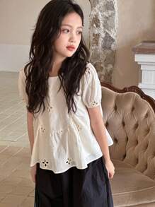 Dazy Kids Tween Girls Embroidered Hollow Puff Sleeve Shirt With Peter Pan Collar,Back To School Clothes