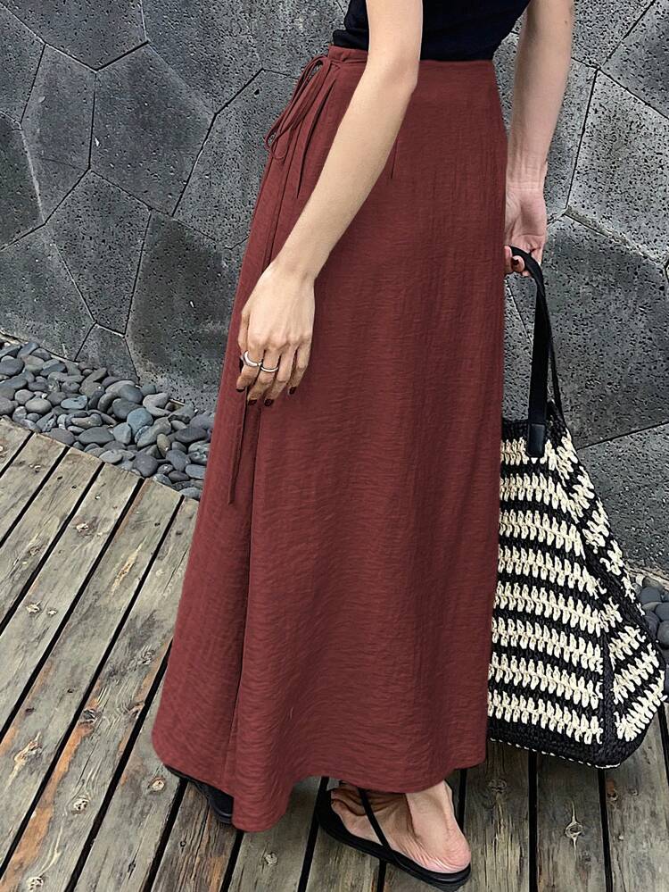 Women's Solid Color Lace-Up Casual Long Wrap-Around Skirt, Summer Women Summer Clothing Woman Summer Clothes Work Summer Women Summer Sets Linen