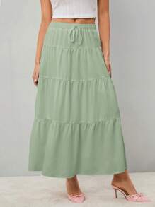 SHEIN Tall Falda larga de cintura alta con nudo y volantes en el dobladillo, de unicolor