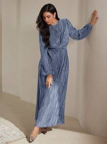 Veilorie Vestido plisado con nudo a la cintura de unicolor elegante para mujer, modesto para primavera y otoño