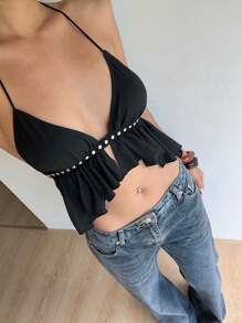 Aloruh 女款小碼黑色鉚釘細肩帶掛脖露背上衣 Y2K 風格，適合年輕女孩，夏季 70 年代派對迪斯可電音音樂節演唱會海島度假 - 黑色 - 查看 4
