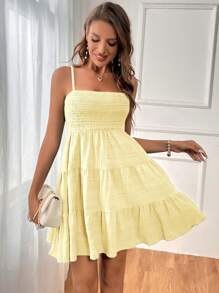 SHEIN VCAY 女裝褶皺板燙邊camisole裙 - 米色 - 查看 6