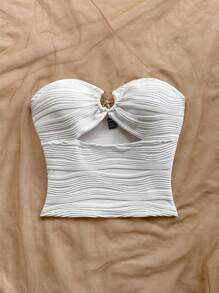 Soleia 女士度假针织上衣，波浪纹理，金属海星装饰，抹胸领口，休闲，约会，下午茶，海滩度假，城市度假，音乐节，派对，波西米亚风格 - 白色 - 查看 6