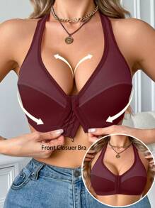 1 件女士无钢圈网眼拼接前钩文胸 - 酒紅色 - 查看 5