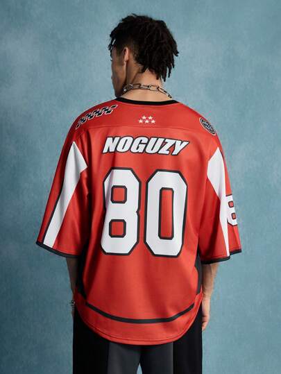 Street Life Herren lässiges, weites V-Ausschnitt T-Shirt mit Buchstaben- und Zahlenprint, geeignet für den täglichen Gebrauch, Frühling/Sommer