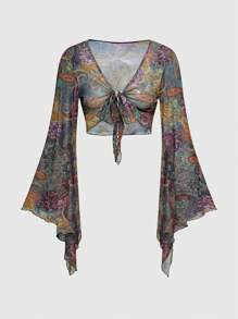 ROMWE Hippie Cardigan ample à manches évasées avec imprimé cachemire de style bohème rétro pour femme grande taille