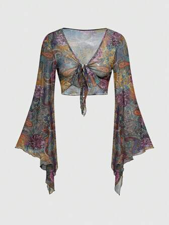 Hippie Women Plus Size Retro Bohemian Style Paisley Print Flare Sleeve Cardigan