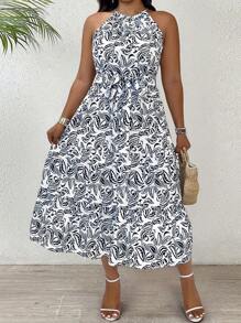 Breezaya Große Größen Urlaubs-Lässig Kleid mit Ganzdruckmuster und Trägerkragen