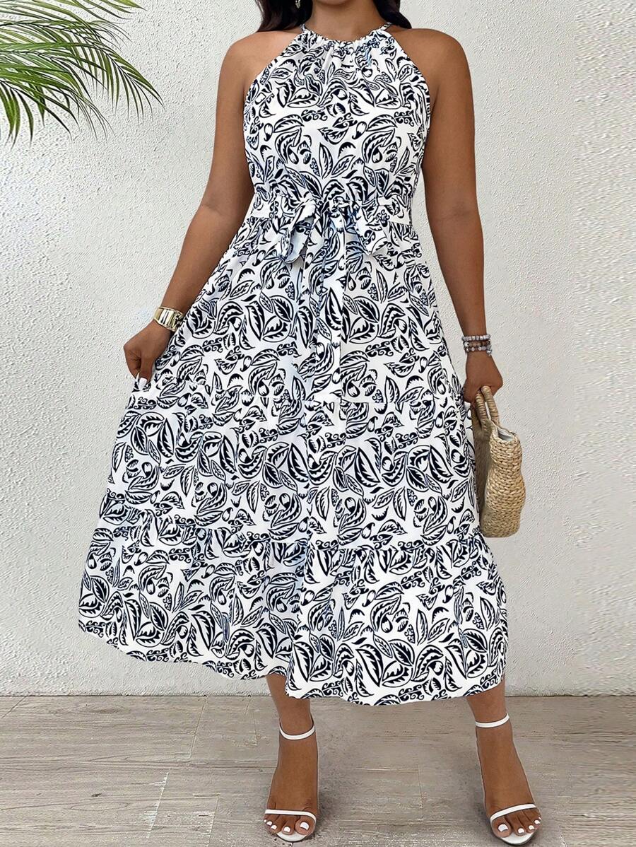 Breezaya Große Größen Urlaubs-Lässig Kleid mit Ganzdruckmuster und Trägerkragen