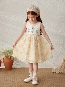 Blossori Vestido de vacaciones sin mangas con bordado floral para niñas jóvenes - Multicolor - Ver 1