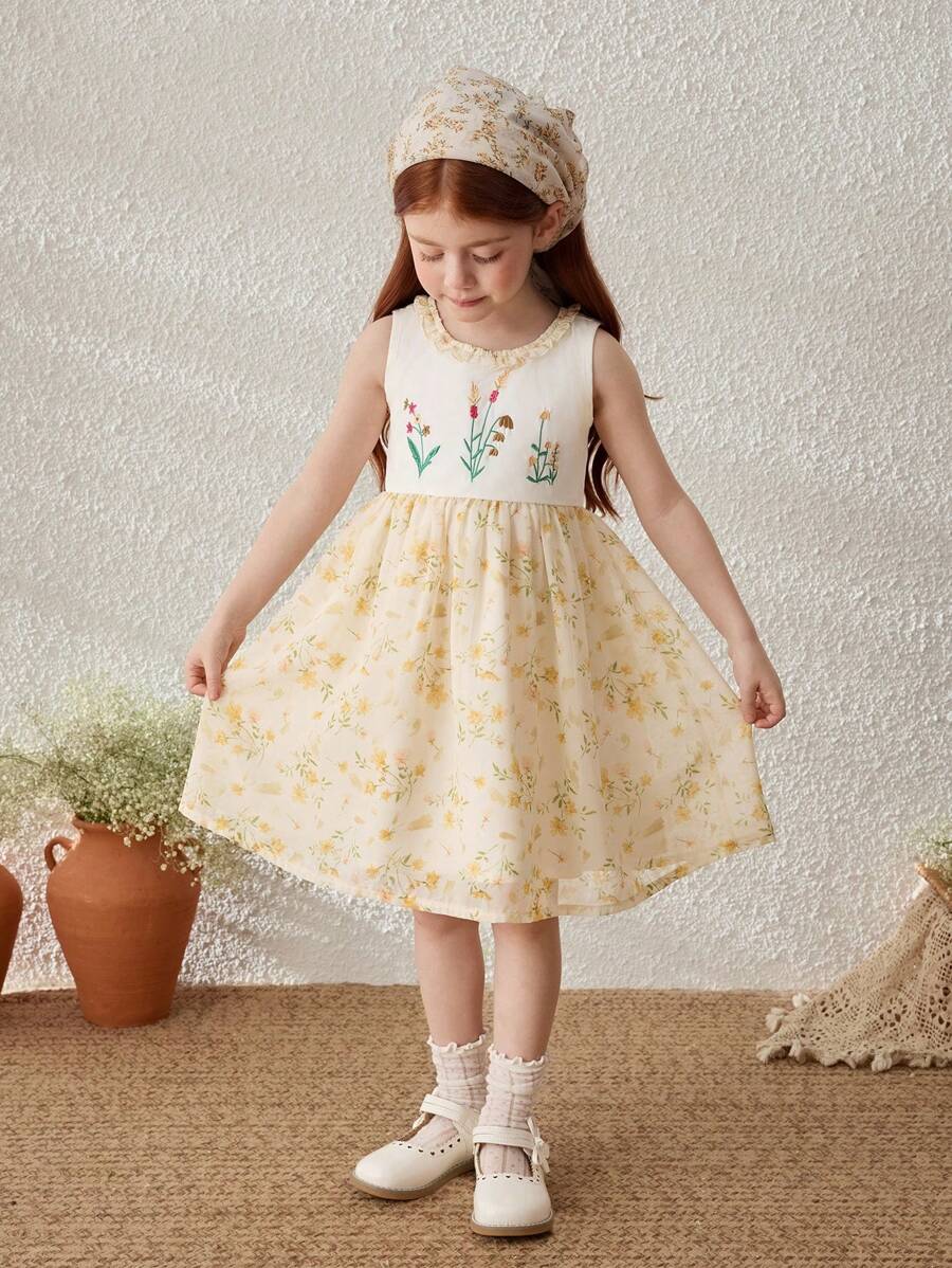 Blossori Vestido de vacaciones sin mangas con bordado floral para niñas jóvenes - Multicolor - Ver 1
