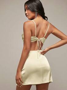 SHEIN BAE Solid Cut Out Satin Cami Dress - Beige - View 2