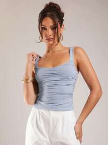 Silquee 女式纯色简约吊带背心 - 藍色 - 查看 5