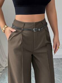 SHEIN PETITE Early Spring New Arrival High Waist Solid Wide Leg Pants With Matching Vintage Belt, Elegant Design Suitable For Daily And Work Wear Tea Party Fall Cloth For Women