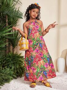 SHEIN 青少年女孩休闲花卉印花挂脖中长连衣裙，简约风格 - 彩色 - 查看 4