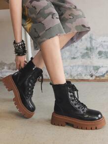 Sugerpunk Women's Dark Gothic Punk Lace-Up Colorblock Motorcycle Boots, Soft Sole Rider Ankle And Ankle Boots - Black - View 5