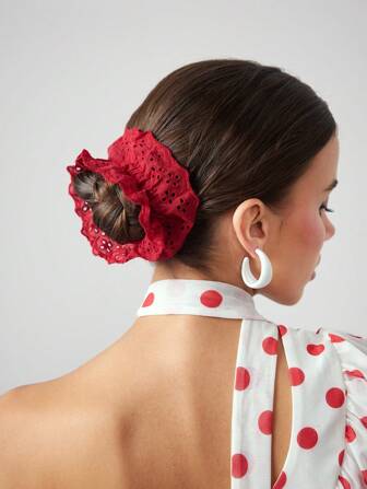 Kawaii 1pc Cute Red Fluffy Scrunchie, Fresh Natural Ditsy Floral Hollow Elastic Hair Tie, Unique Design Versatile Fashion Item Ponytail Holder Hair Rope
