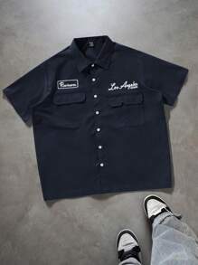 PAVTROS Manfinity Streetrush 男式宽松实用口袋设计休闲衬衫，蓝色纽扣短袖衬衫，多口袋休闲衬衫，街头服饰