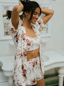 lacRébo 哑光缎面复古花卉和服休闲套装，搭配蕾丝花边短款上衣和松紧腰带短裤，秋冬 - 彩色 - 查看 1