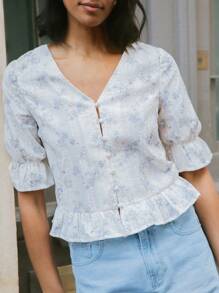 lacRébo Blusa de botones con bordado floral vintage de vacaciones, con volantes en el bajo, para oficina, atuendo de maestra, parte superior de otoño, ropa de mujer de otoño e invierno - Blanco - Ver 4