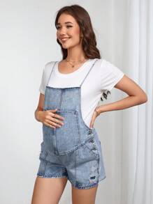 SHEIN Mono de mezclilla sin mangas de unicolor informal para mujeres embarazadas, para verano