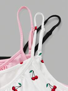 Comfortcana 3 件加大码女式纯色蝴蝶结和樱桃图案褶皱宽松吊带背心，可调节肩带，适合春夏季 - 彩色 - 查看 9