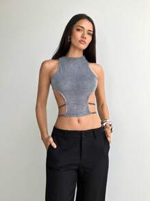 Aloruh 女士圆领无袖镂空细肩带金属线音乐节露脐性感背心 - 銀色 - 查看 7