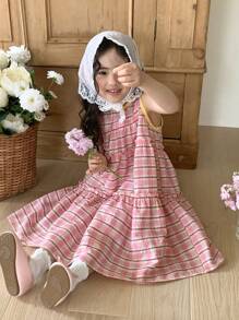 DAZY Vestido casual de niña joven con cuello redondo, sin mangas, con volantes en el bajo y rayas de verano