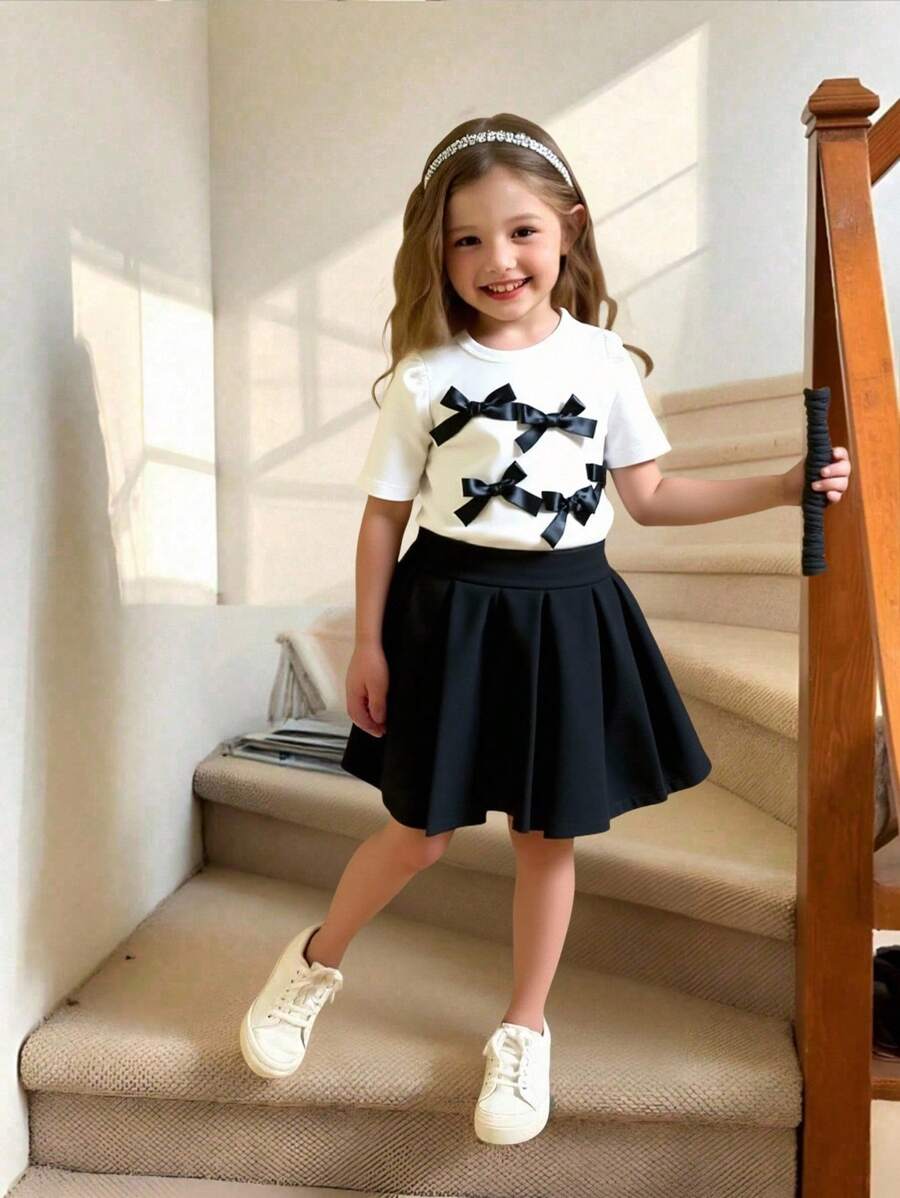 Girls Elegant Solid All-Match Versatile 3D Bow Ruffle Short Sleeve Cropped Knit T-Shirt + Fitted Flare Pants Knit Set - Black - View 1
