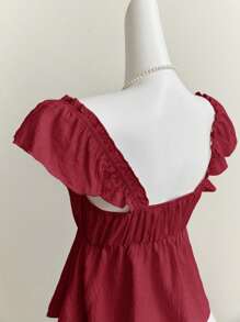 Elamini 蓝色甜美女仆领盖袖性感露背低V领短款吊带背心上衣 - 酒紅色 - 查看 3