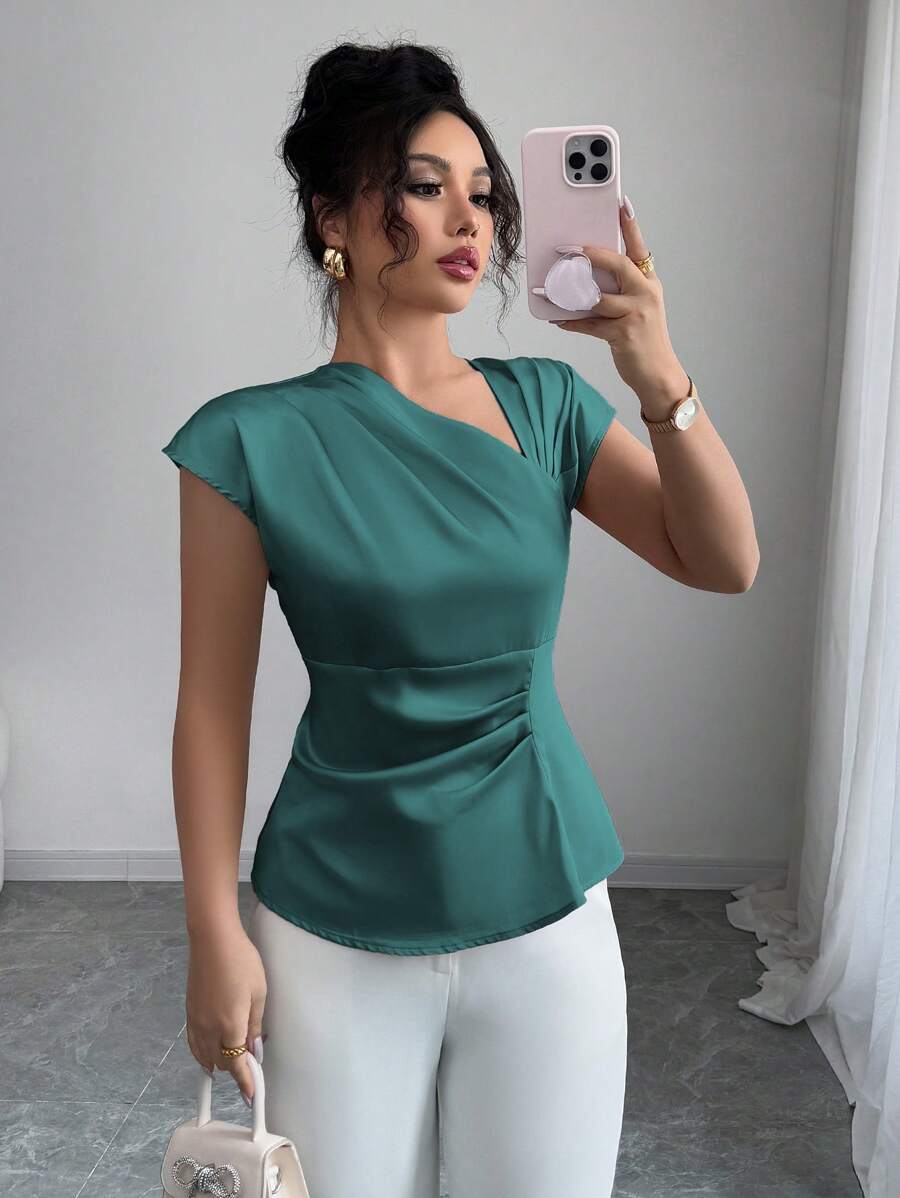 Elenzga 女士优雅休闲/度假/办公室装纯色缎面不对称肩部褶饰肩部修身短上衣，春夏季，绿色荷叶边上衣 - 水鴨藍 - 查看 1