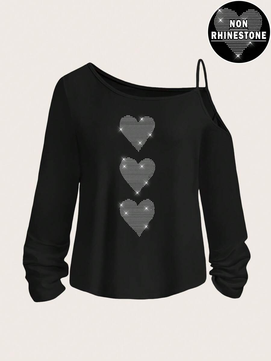 SHEIN Essnce 女式休闲心形印花落肩长袖 T 恤