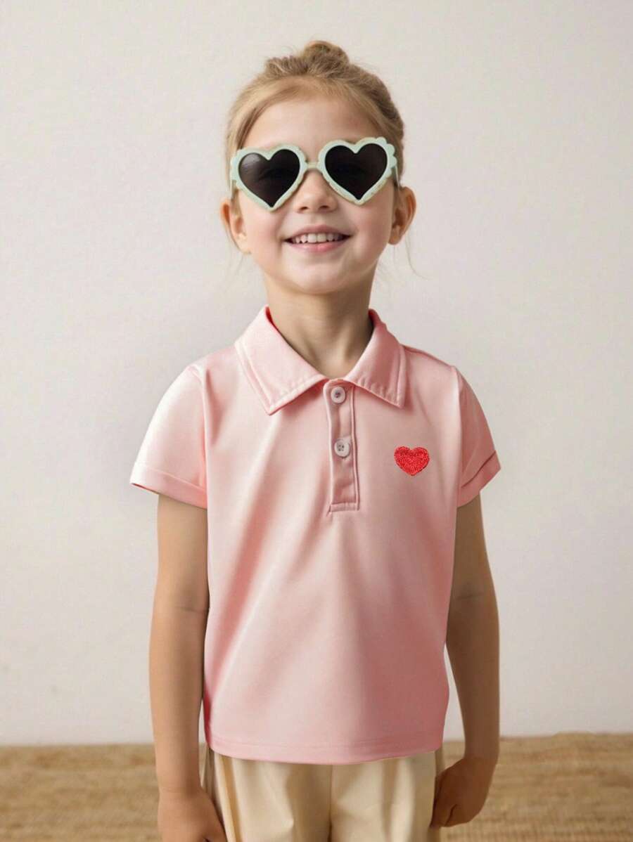 SHEIN 女婴 0-3 岁休闲百搭日常 Polo 衫，针织衫，Polo 上衣 - 粉色 - 查看 1