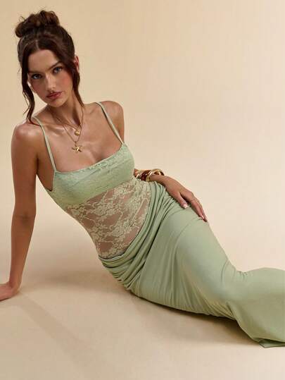 SHEIN BAE Women's Summer Green Spaghetti Strap Lace See-Through Mermaid Bodycon Dress/Dresses For Women/Summer Outfits For Women/Vacation Outfits Women Dresses For Wedding Event Party Dresses For Women,Valentine's Day,Valentine Outfits For Women
