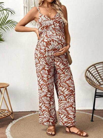 SHEIN Pregnant Women's Tropical Plant Print Loose Jumpsuit, Summer