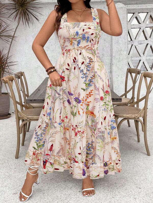Breezaya Plus Size Women Floral Print Ruffle Hem Spaghetti Strap Adjustable Bust A-Line Dress Maxi Women Outfit Women Casual Dress Women Dresses Birthday Work Summer Dresses Women Short Dresses Summer Women Plus Sun Dress