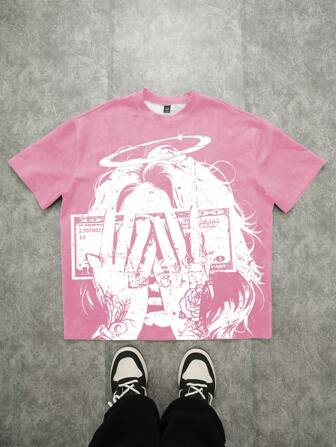 Manfinity Roghcode T-shirt à manches courtes imprimé de style de rue décontracté pour hommes grande taille, été